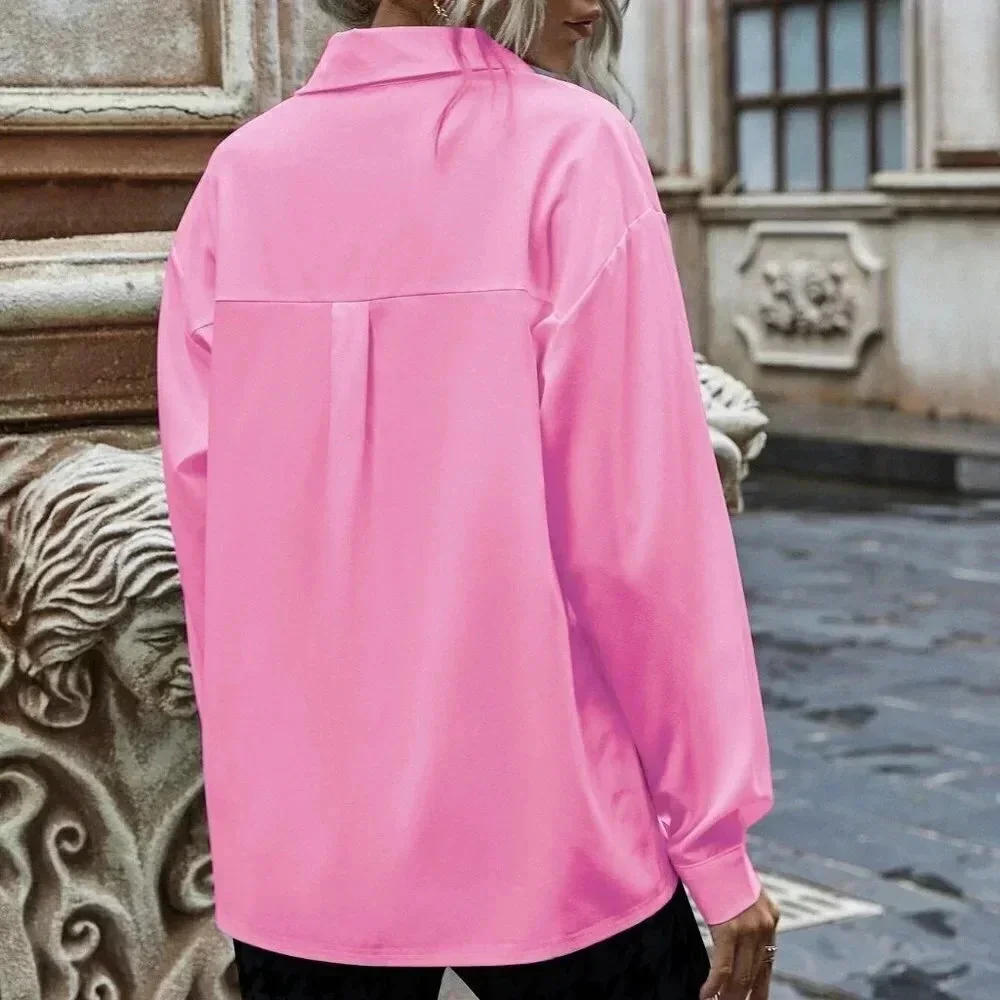 Pink Preppy Womens Solid Button Up Drop Shoulder Shirt